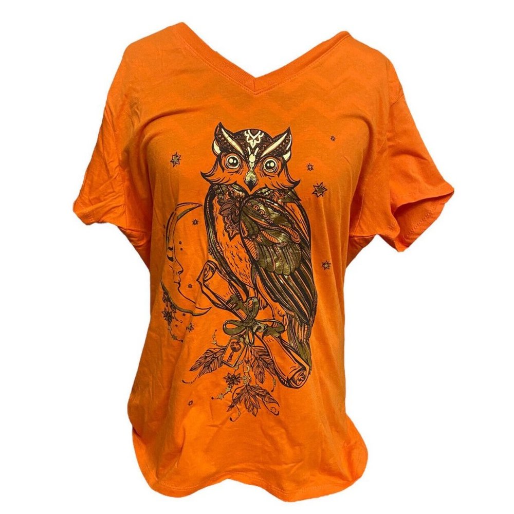 Orange V-Neck Owl Graphic Tee - Women's Top